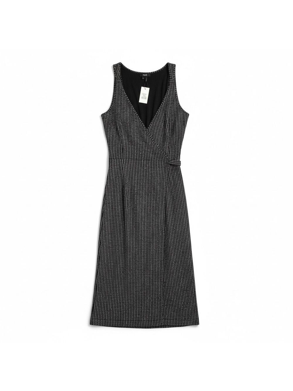 PAIGE Marina Wrap Dress Black Silver Lurex Pinstripe Midi Size Medium NWT - Picture 2 of 9